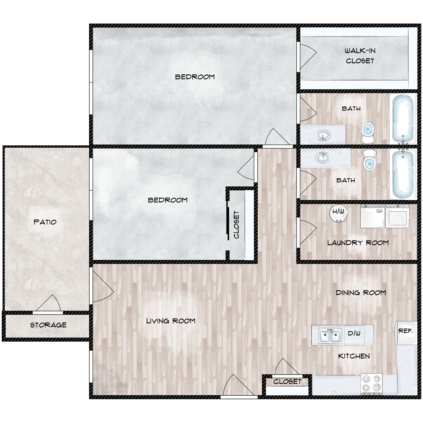 Floor plan for 2 beds, 2 baths, 1050 sqft